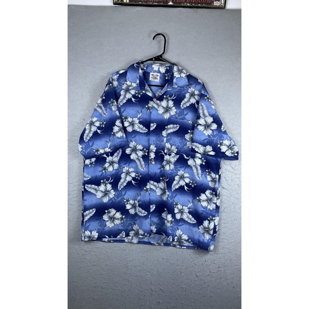 Island Tropics Shirt Mens Large Blue Floral Hawaiian Short Sleeve Button Front